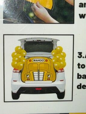 Car Trunk Photo Prop Backdrop with Yellow Bus Design and Balloons